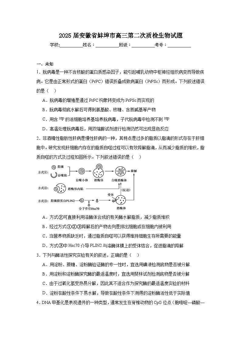 2025届安徽省蚌埠市高三第二次质检生物试题（无答案）第1页