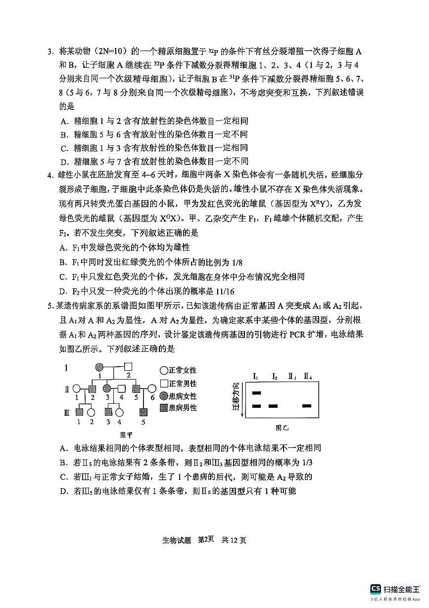 2025届山东省实验中学高三第五次诊断高考模拟（3月一模）-生物试题+答案第2页