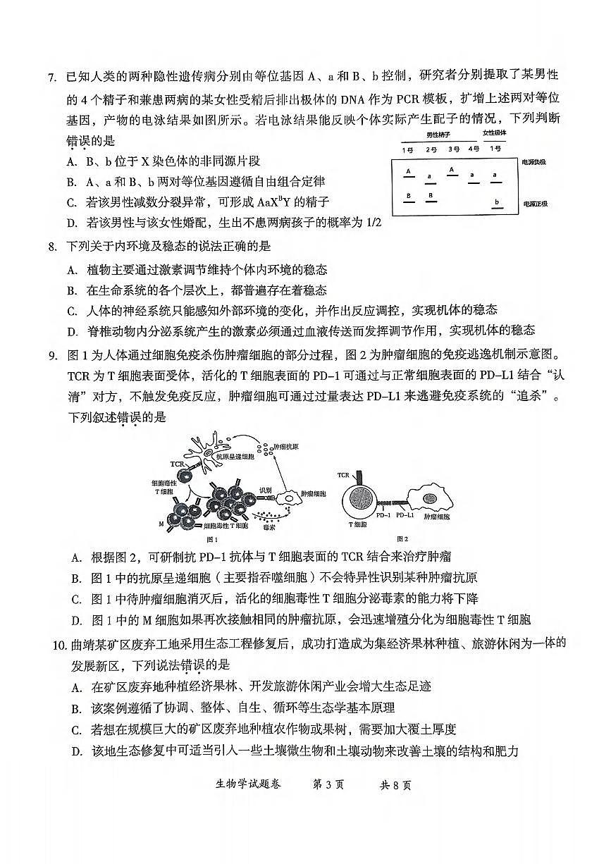 生物丨云南省曲靖市2025届高三1月第一次教学质量监测（曲靖一模）生物试卷及答案第3页