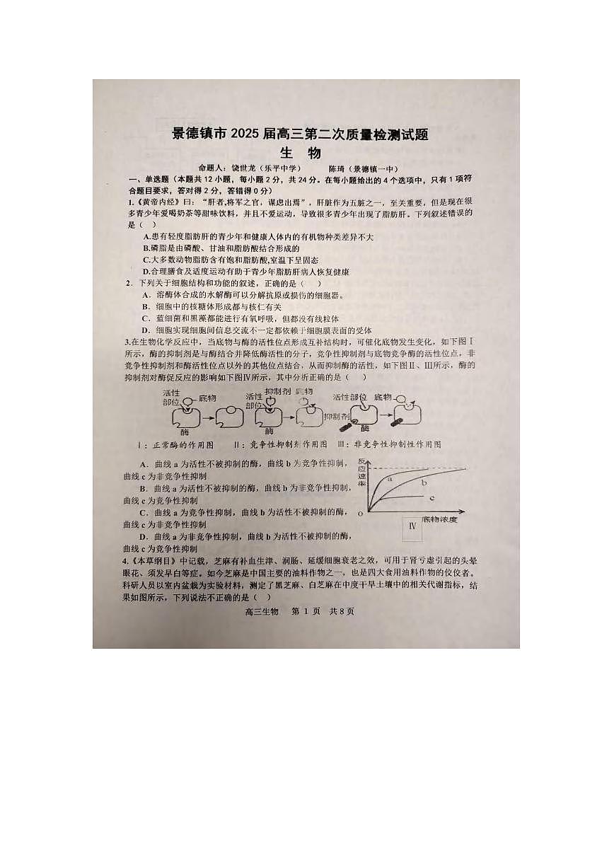 生物丨江西省景德镇市2025届高三1月第二次质量检测（景德镇二检）生物试卷及答案第1页