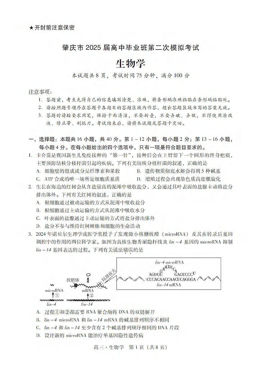 生物丨广东省肇庆市2025届高三1月第二次模拟考试（肇庆二模）生物试卷及答案第1页