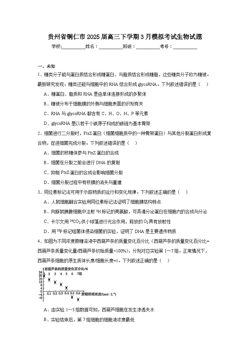2025铜仁高三下学期3月模拟考试生物含解析第1页