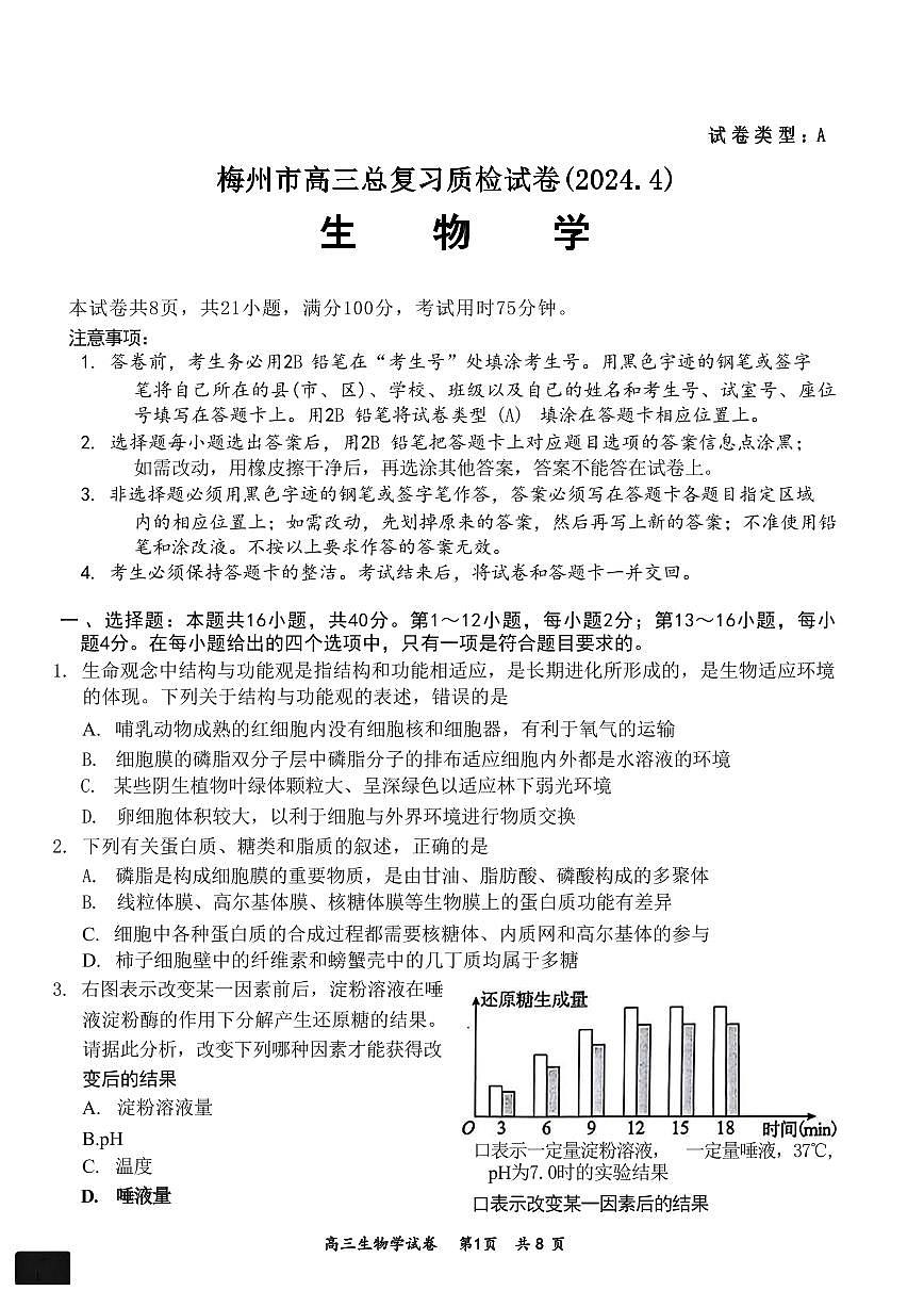 2024届广东省梅州高三总复习质检二模试卷-生物（含答案）第1页