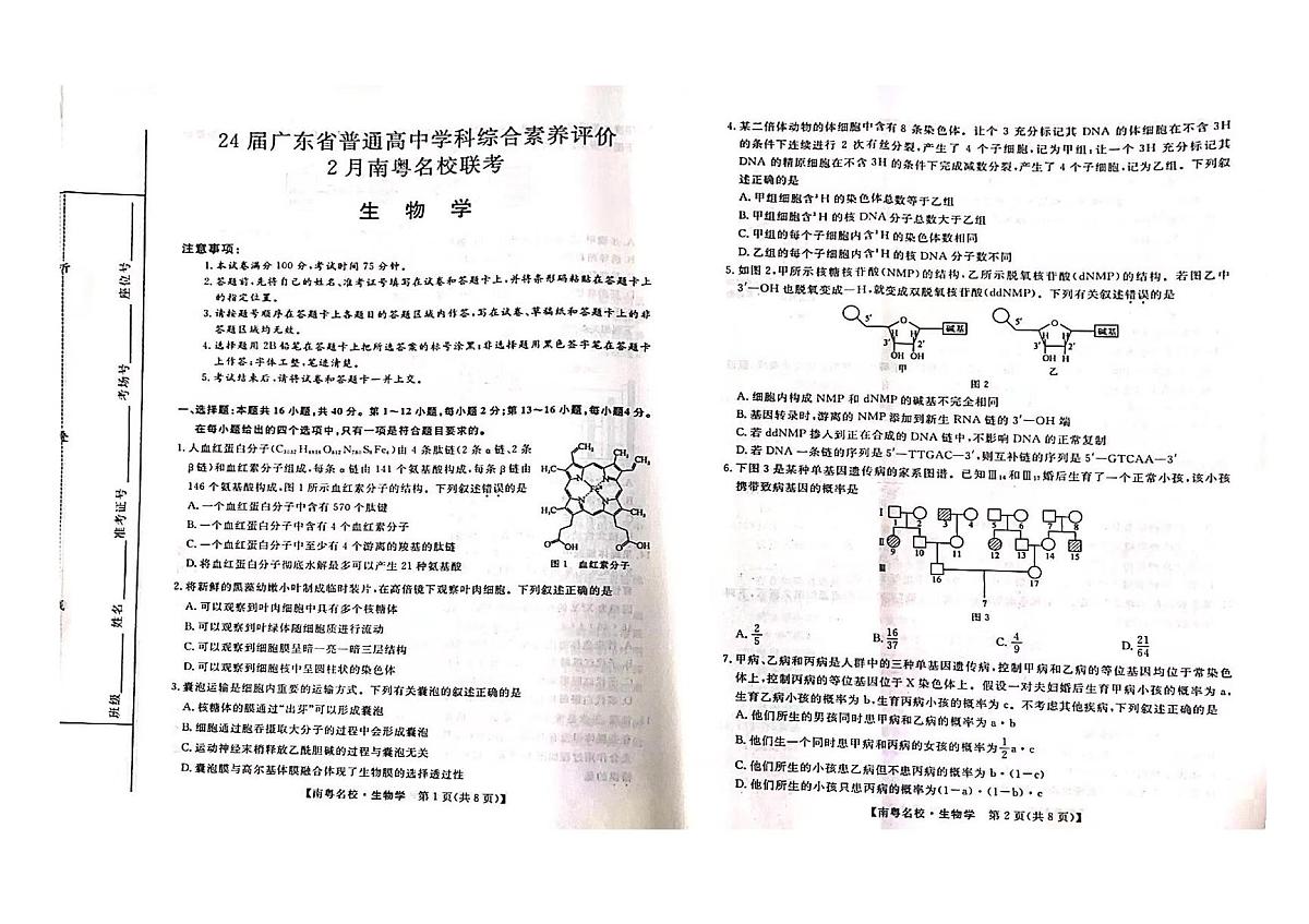 2024届广东省南粤名校高三学科综合素养评价2月联考试卷-生物试题（含答案）第1页