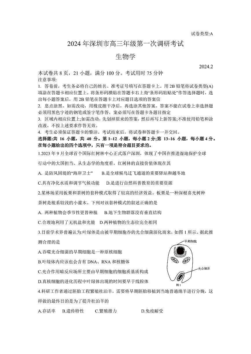 2024届广东省深圳市高三一模试卷(3月)-生物试题（含答案）第1页