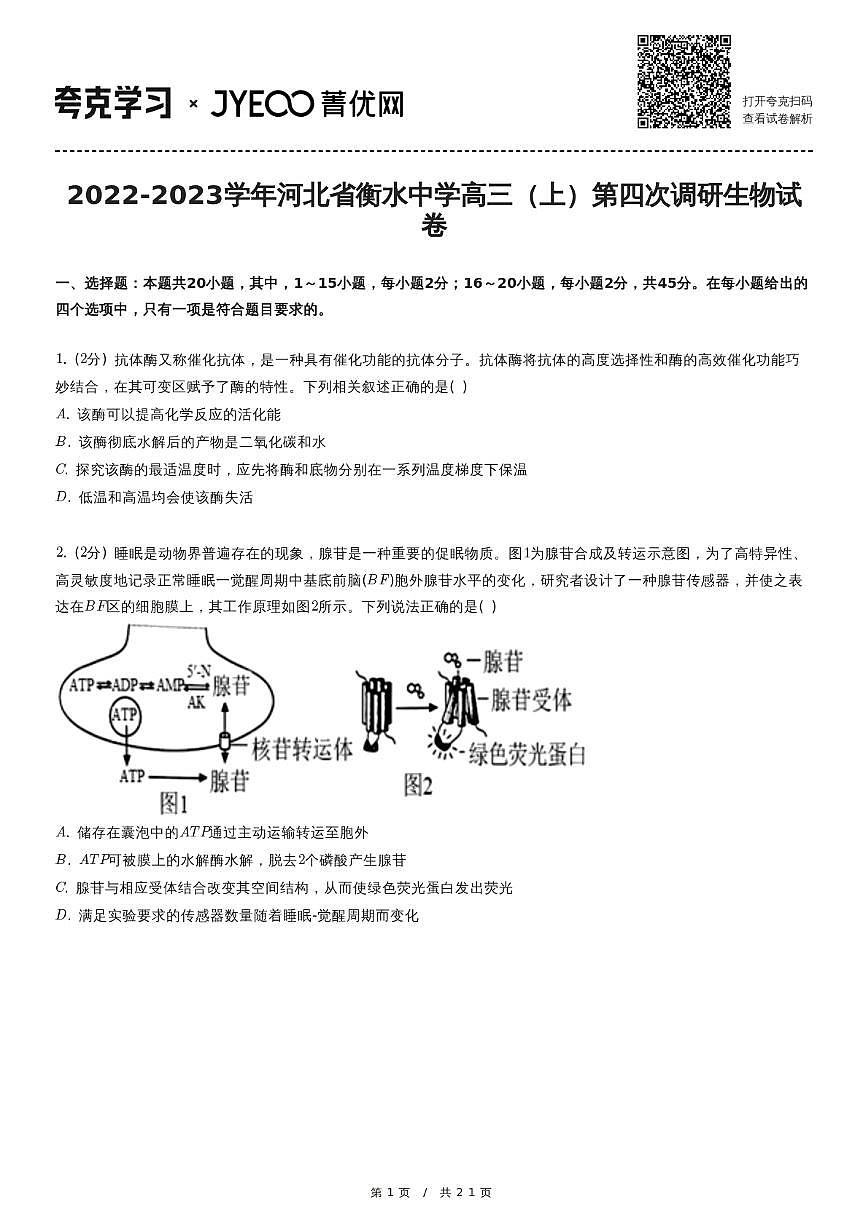 2022-2023学年河北省衡水中学高三（上）第四次调研生物试卷第1页