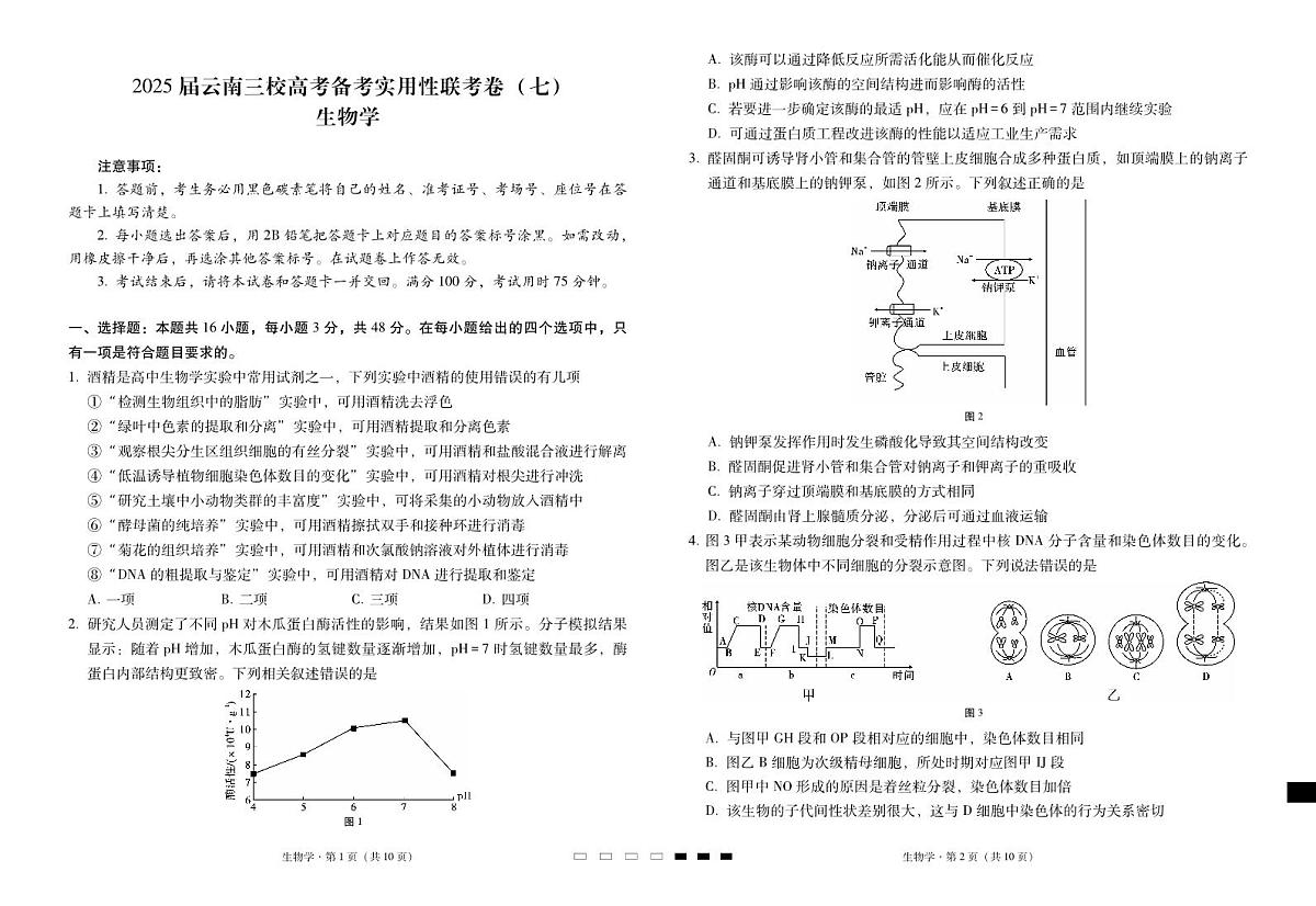 云南省三下学期校2025届高三下学期3月高考备考实用性联考卷（七）-生物试题+答案第1页