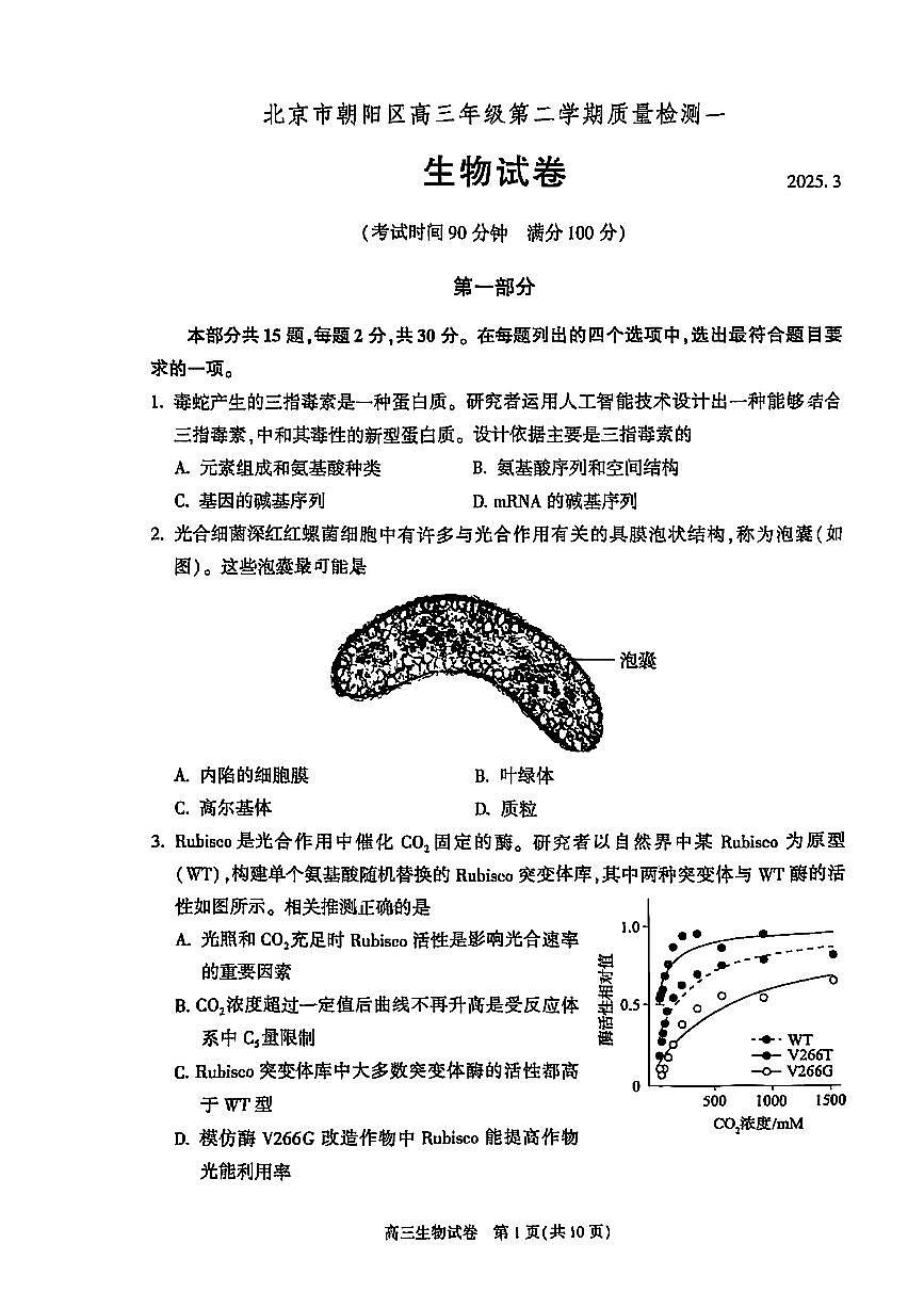 2025届北京市朝阳区高三一模质量检测一 生物试题及答案第1页