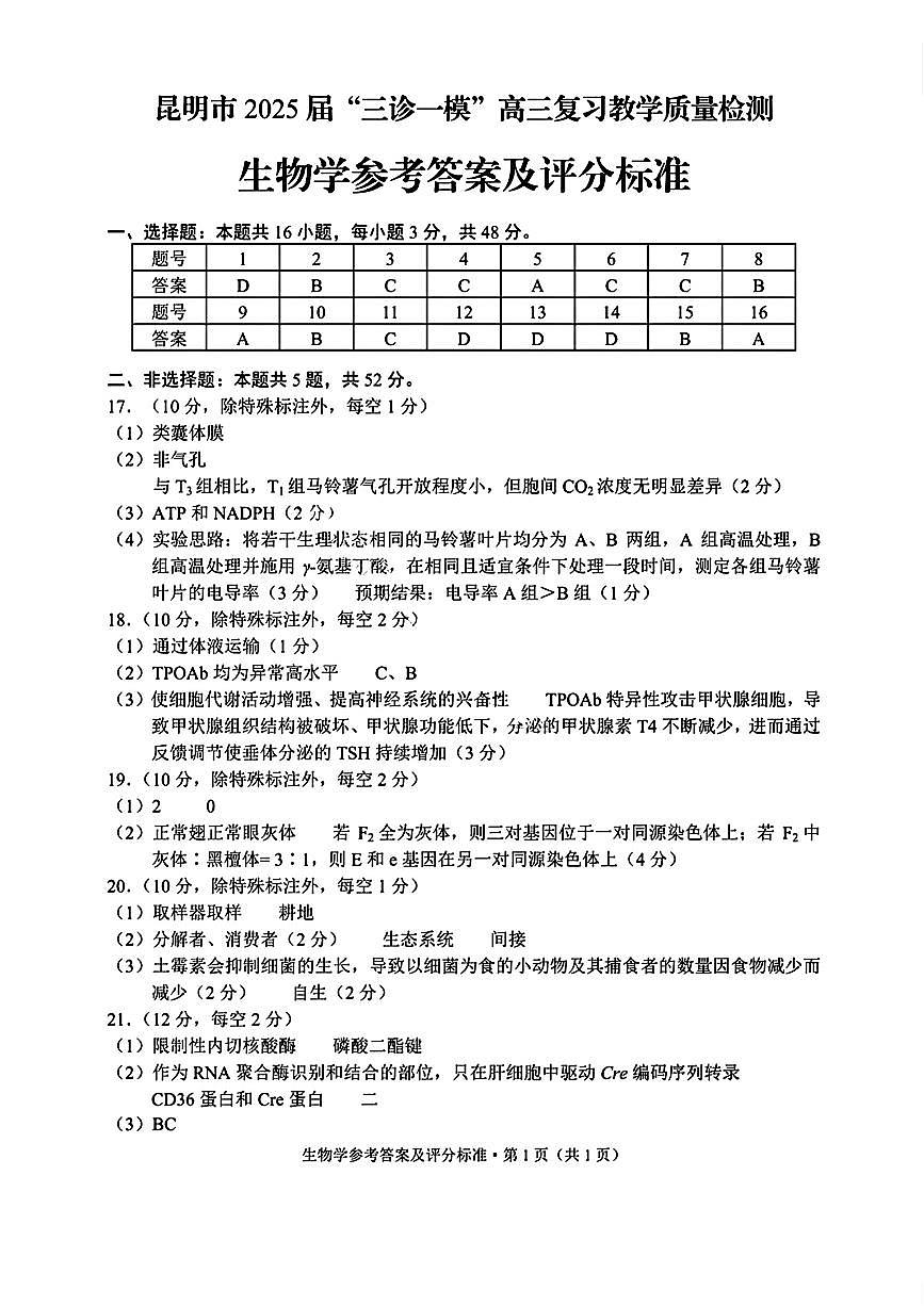 扫描件_生物学参考答案及评分标准第1页