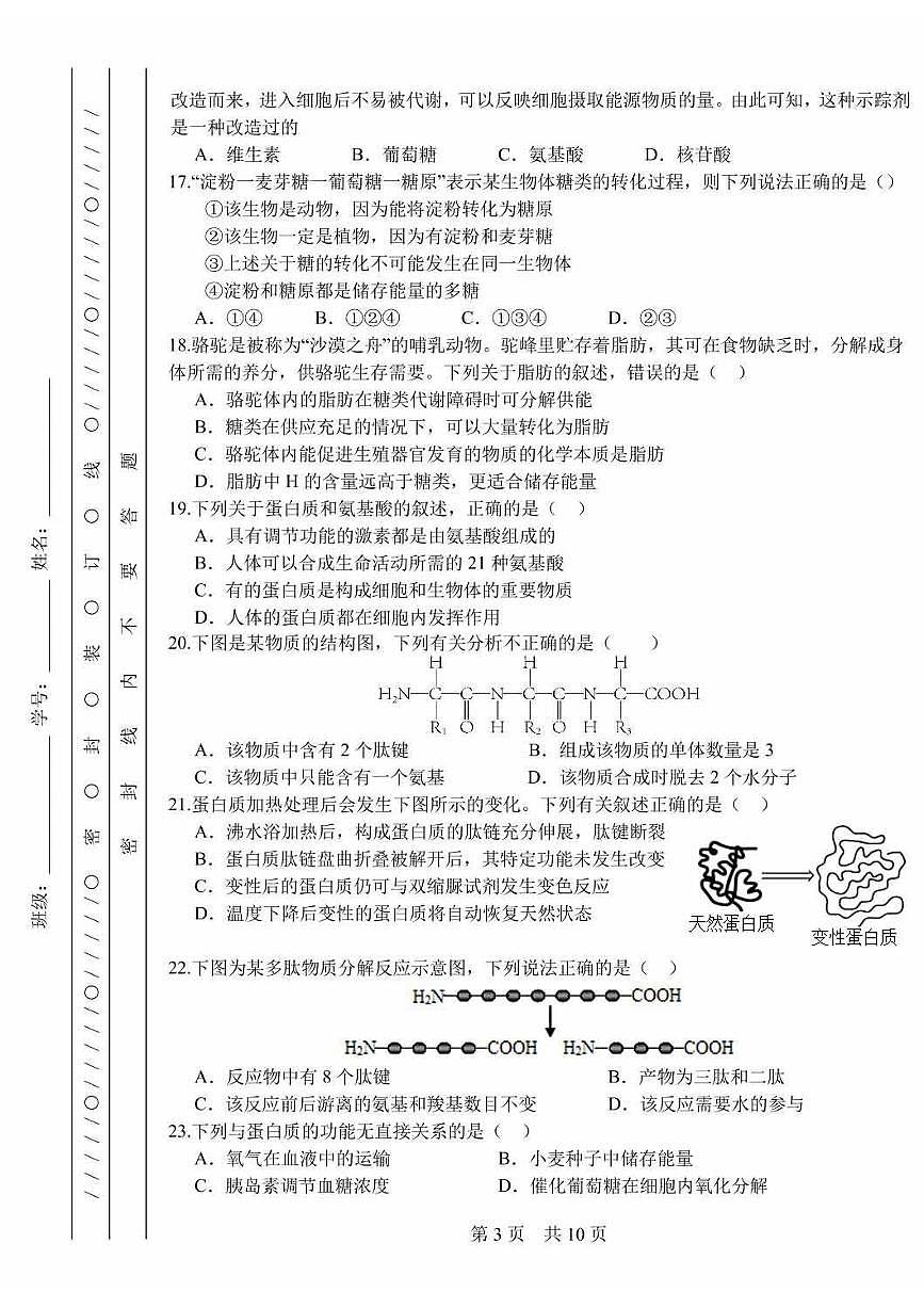 2024北京一零一中高一（上）期中真题生物试卷第3页