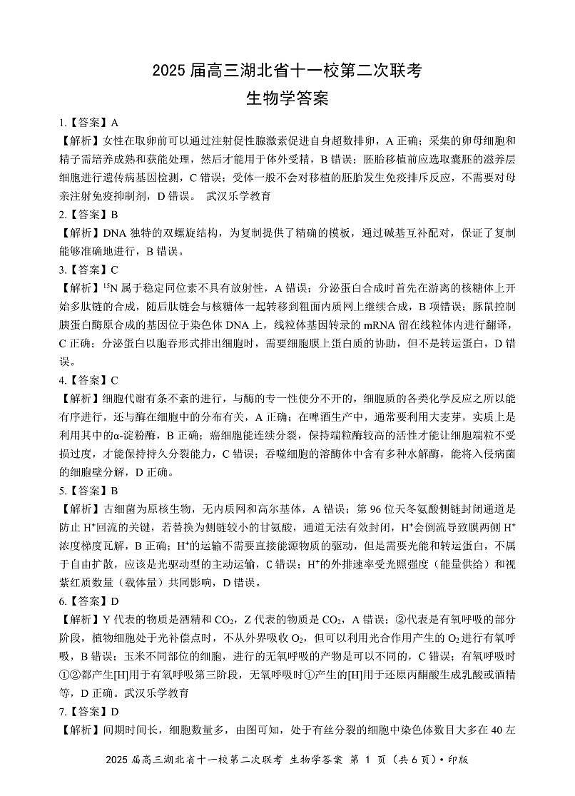湖北十一校第二次联考生物答案第1页