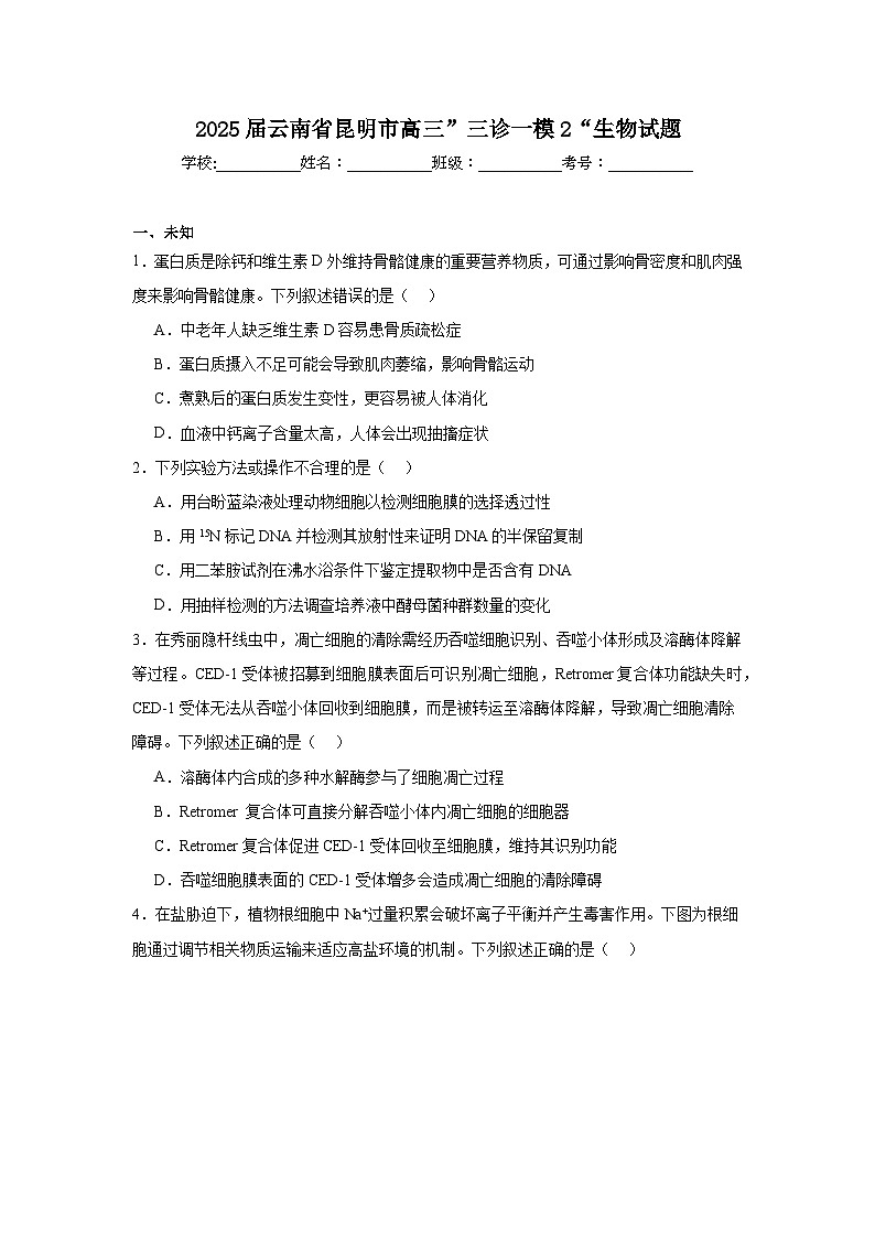2025届云南省昆明市高三”三诊一模2“生物试题（无答案）第1页