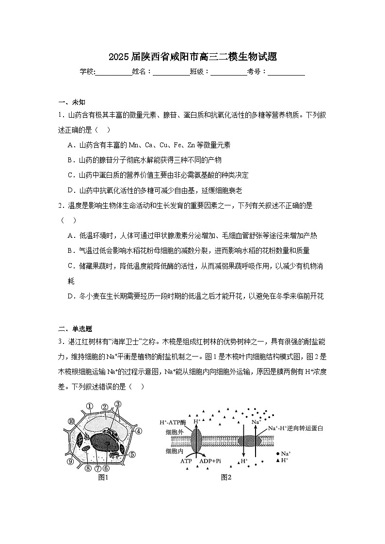 2025届陕西省咸阳市高三二模生物试题（无答案）第1页