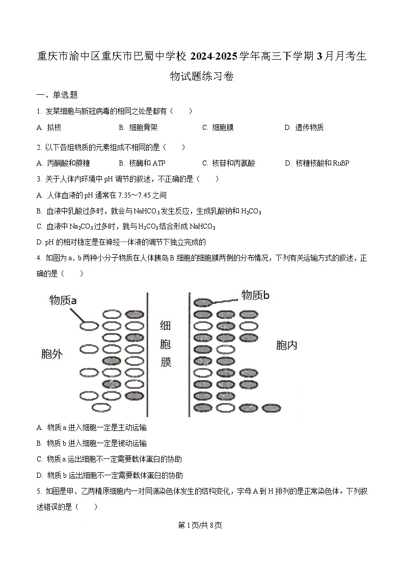 重庆市巴蜀中学2024-2025学年高三下学期3月月考生物试题练习卷（原卷版）第1页