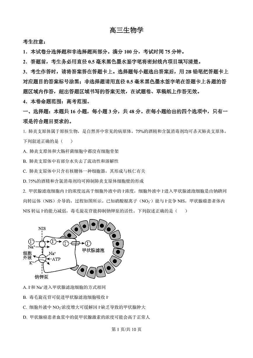 山西省山西大学附中2025届高三下学期3月月考-生物试题+答案第1页