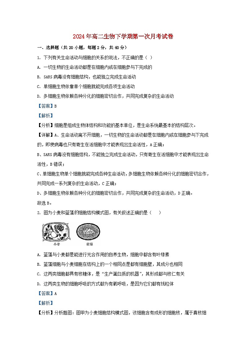 湖南省岳阳市岳阳县2023_2024学年高二生物下学期3月月考试题含解析第1页
