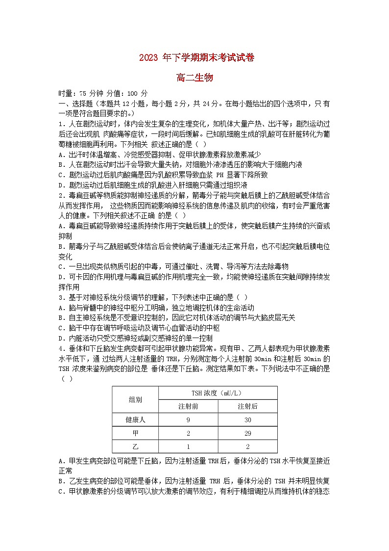 湖南省长沙市2023_2024学年高二生物上学期期末考试试卷第1页