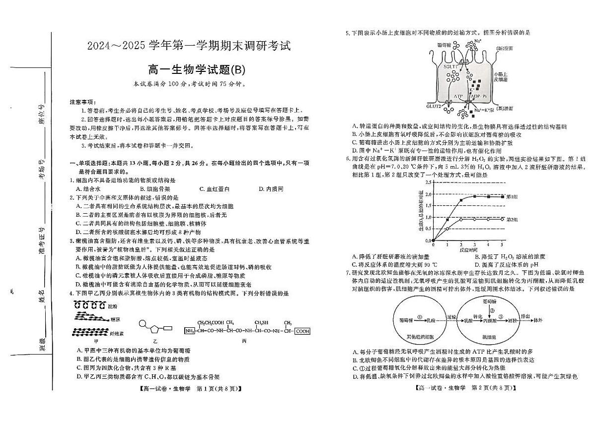 高一生物学试题(B)第1页