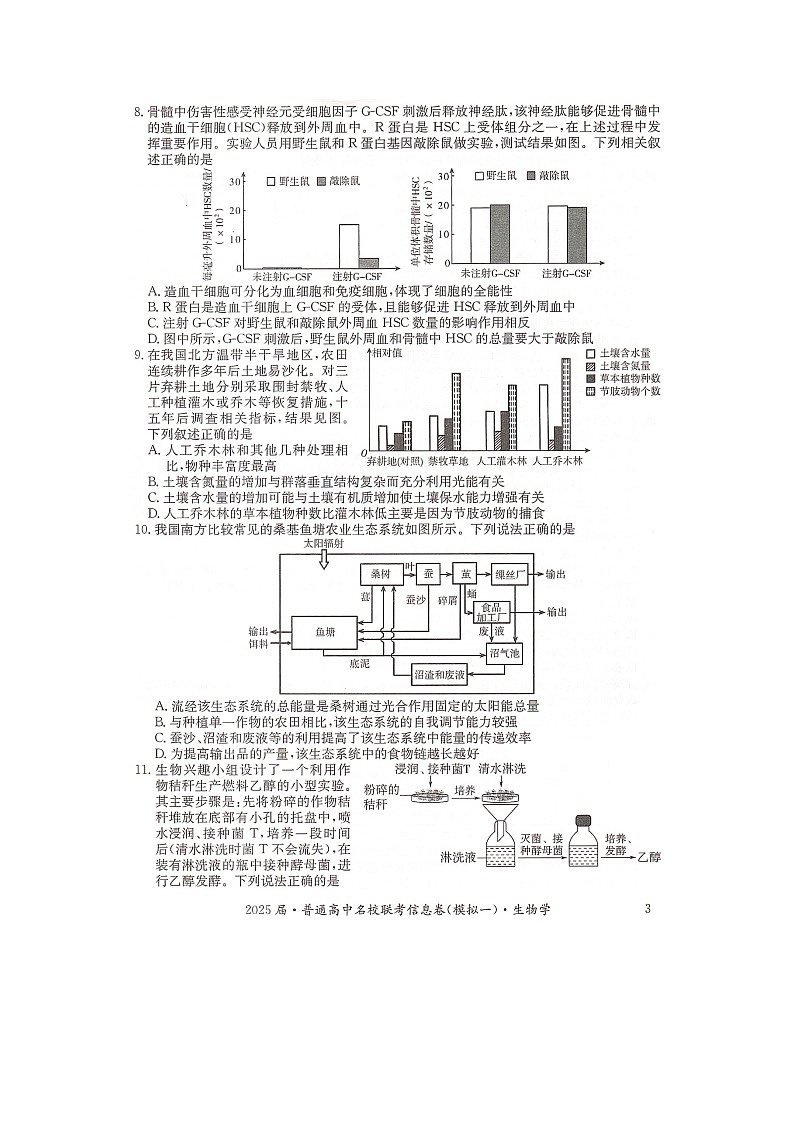 湖南省2025届普通高中名校联考信息卷（模拟一）生物第3页