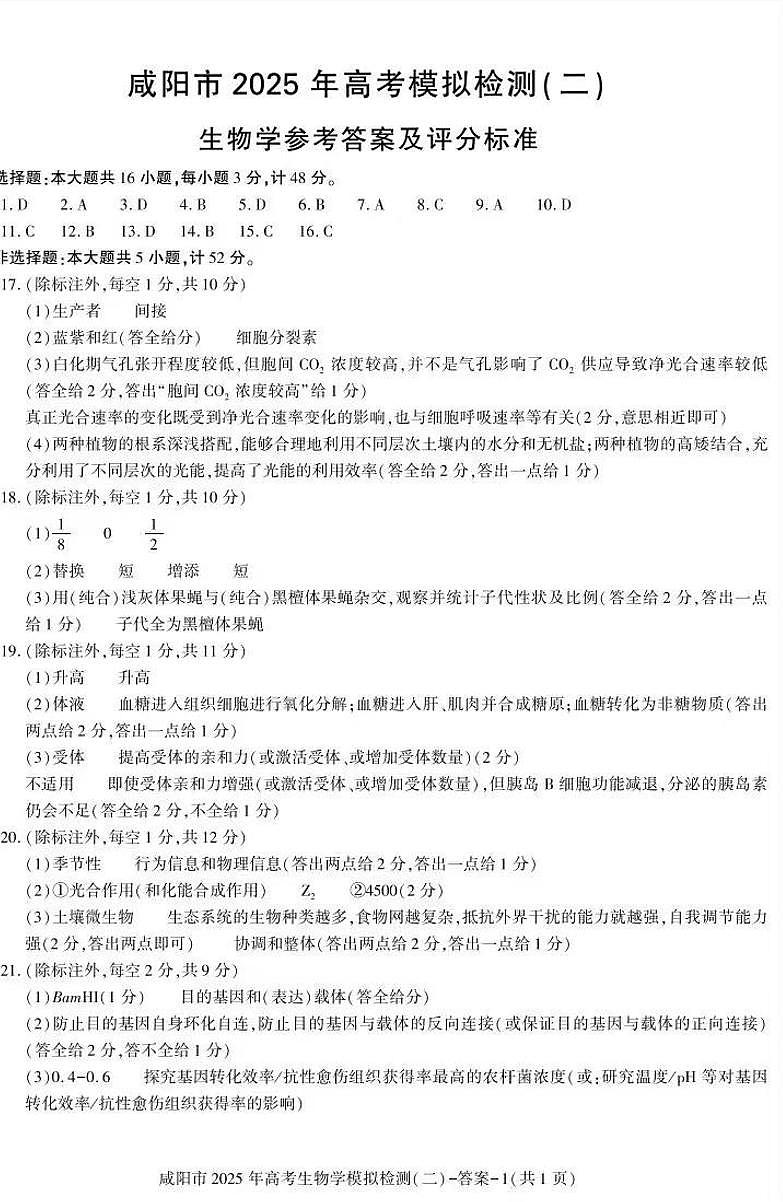 陕西省咸阳市2025届高三第二次模拟-生物答案第1页