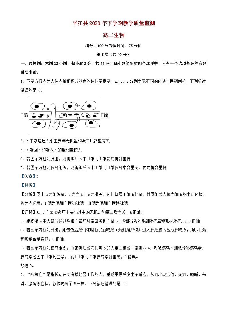 湖南省岳阳市平江县2023_2024学年高二生物上学期期末试题含解析第1页