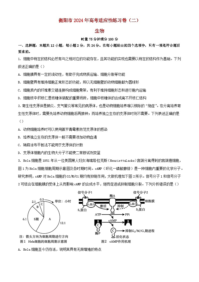 湖南省衡阳市2024届高三生物下学期适应性练习卷含解析第1页