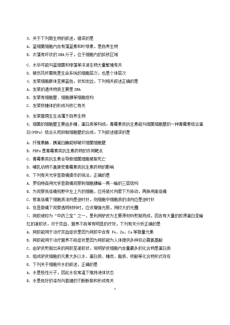 吉林省长春市东北师范大学附属中学2024-2025学年高一上学期期中考试生物试题第2页