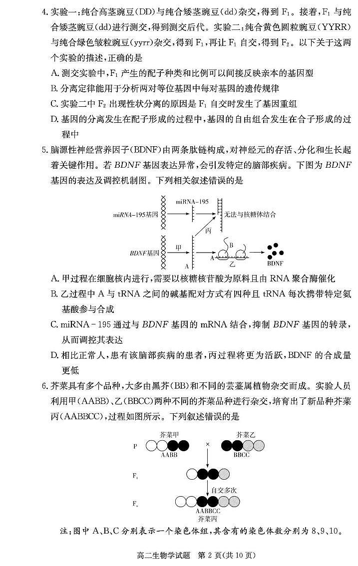 生物试卷（高二3月联考）第2页