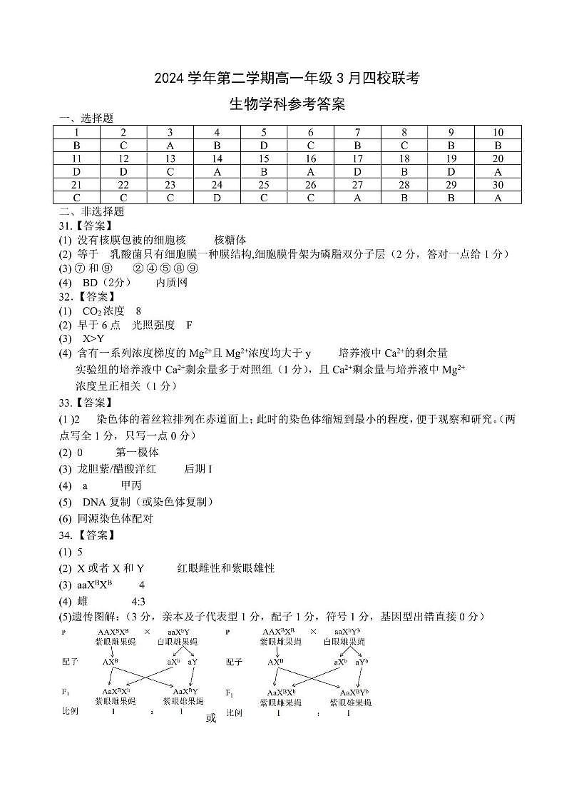 浙江省四校联考生物高一答案第1页