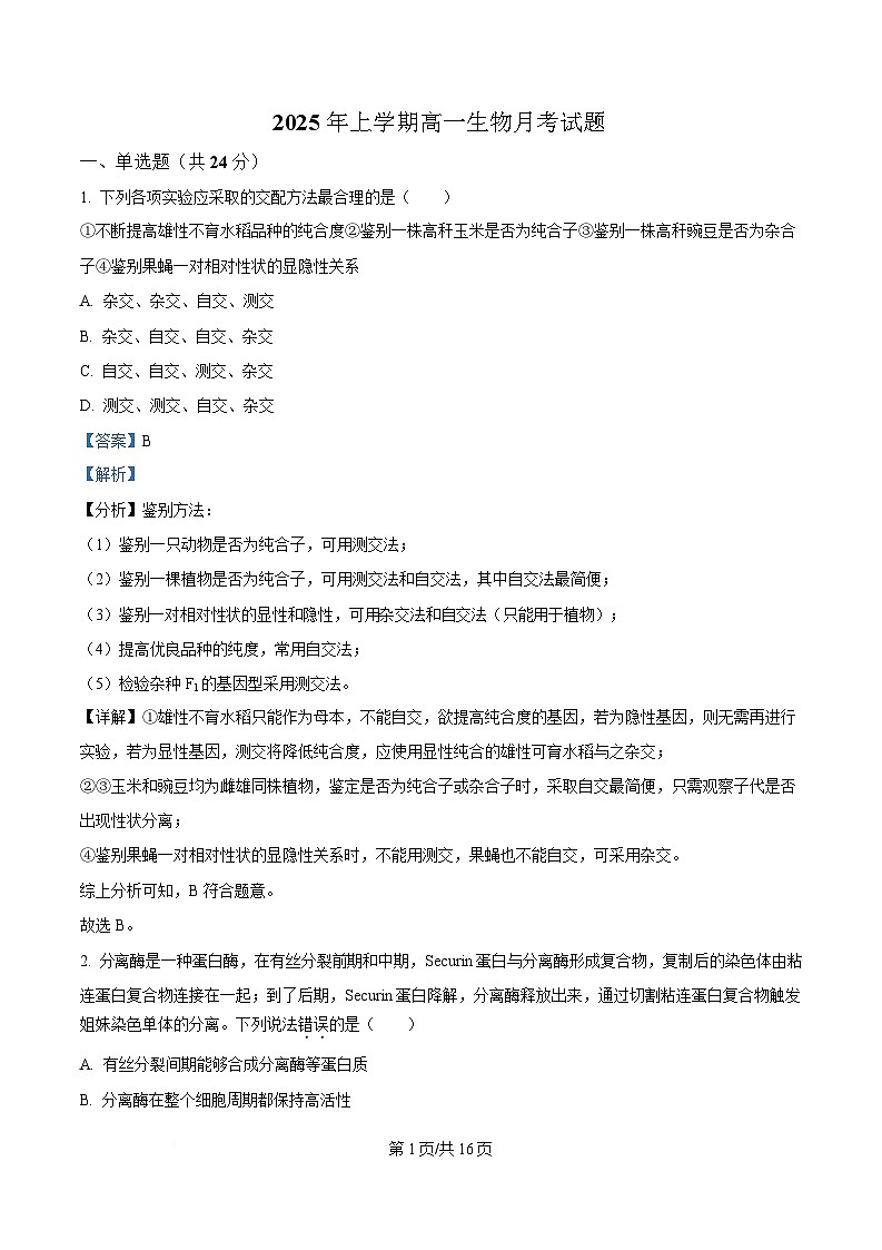 湖南省岳阳市岳阳县第一中学2024-2025学年高一下学期3月月考生物试题 Word版含解析第1页