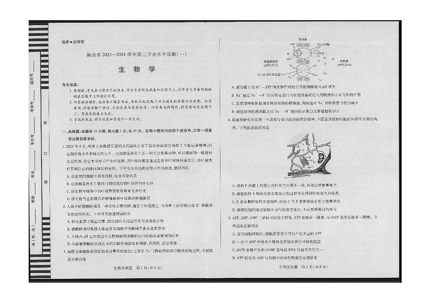 2024届海南省高三联考 上学期学业水平诊断（一）-生物试题（含答案）第1页