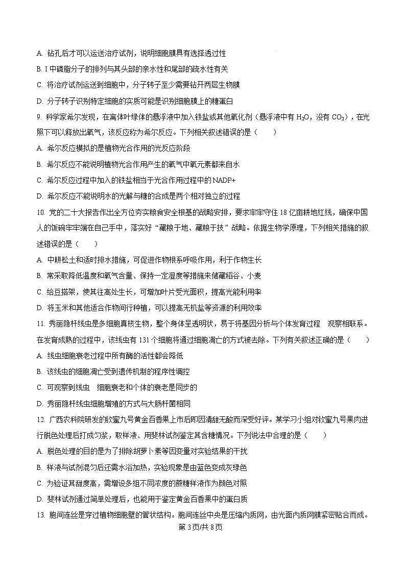 广西玉林市2024-2025学年高一上学期期末教学质量检测生物试卷  版无答案第3页
