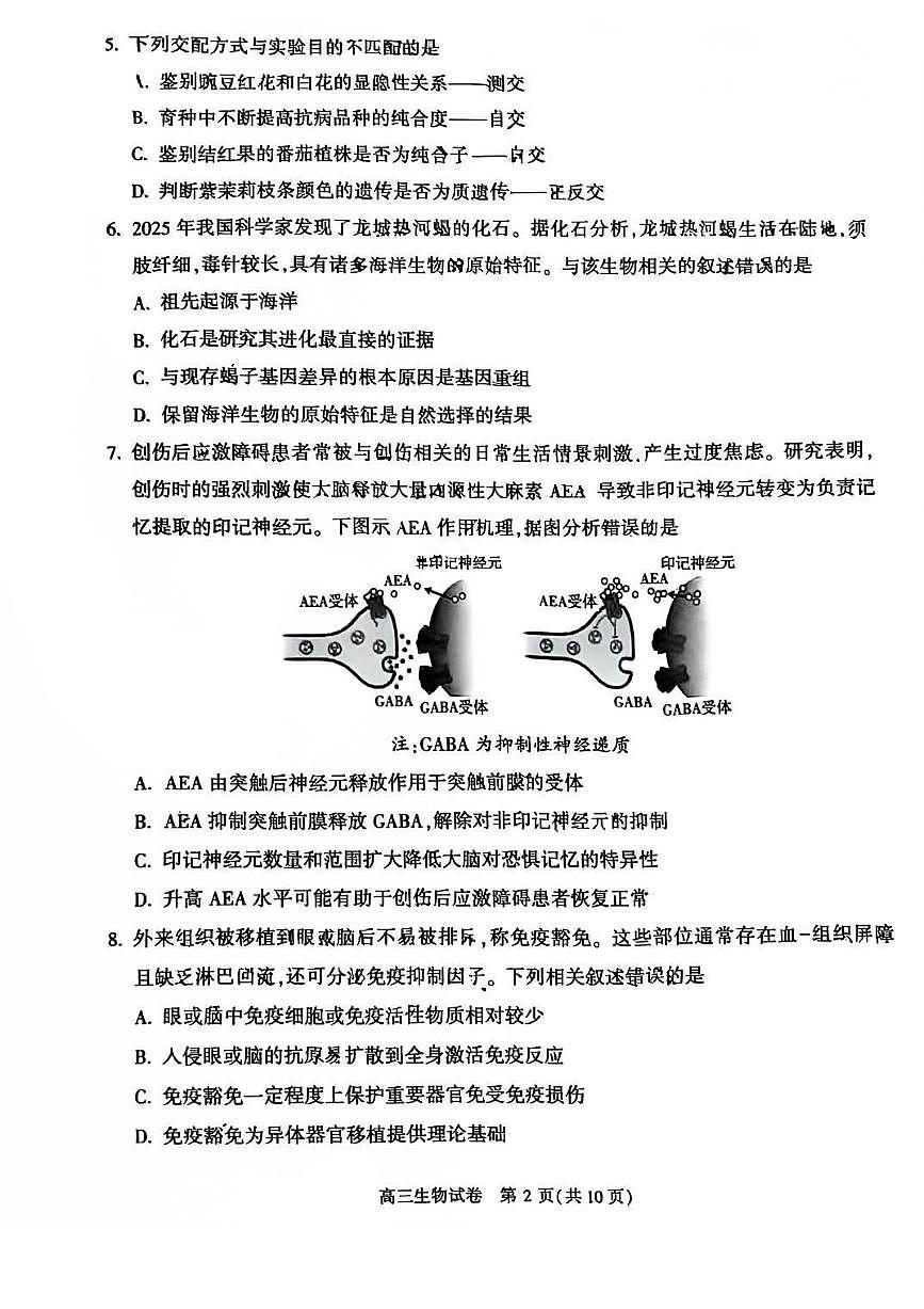 2025届北京市顺义区高三一模统一测试 生物试题及答案第2页