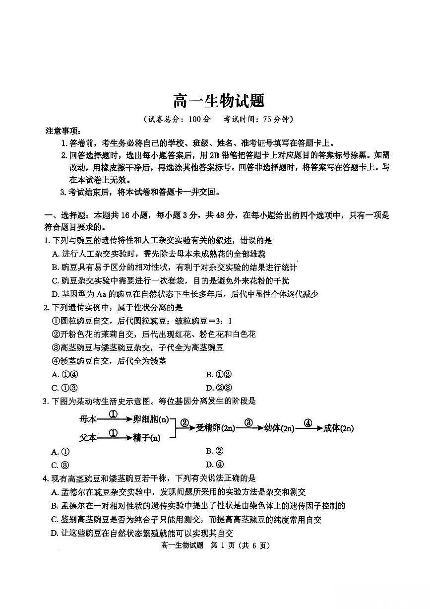 河南省驻马店市环际大联考2024-2025学年高一下学期3月阶段考试（一）生物试卷（PDF版附解析）第1页