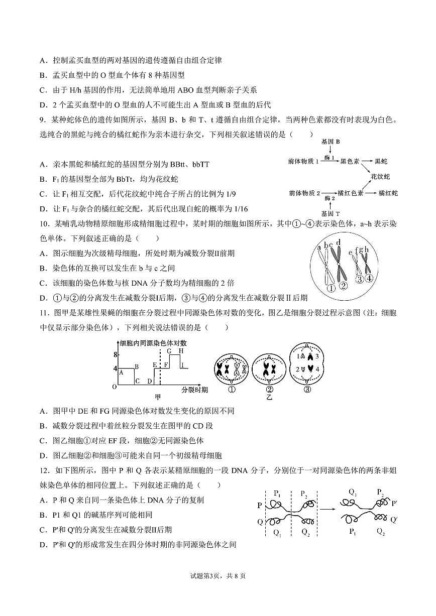 山东省济宁市第一中学2024-2025学年高一下学期3月月考生物试题第3页