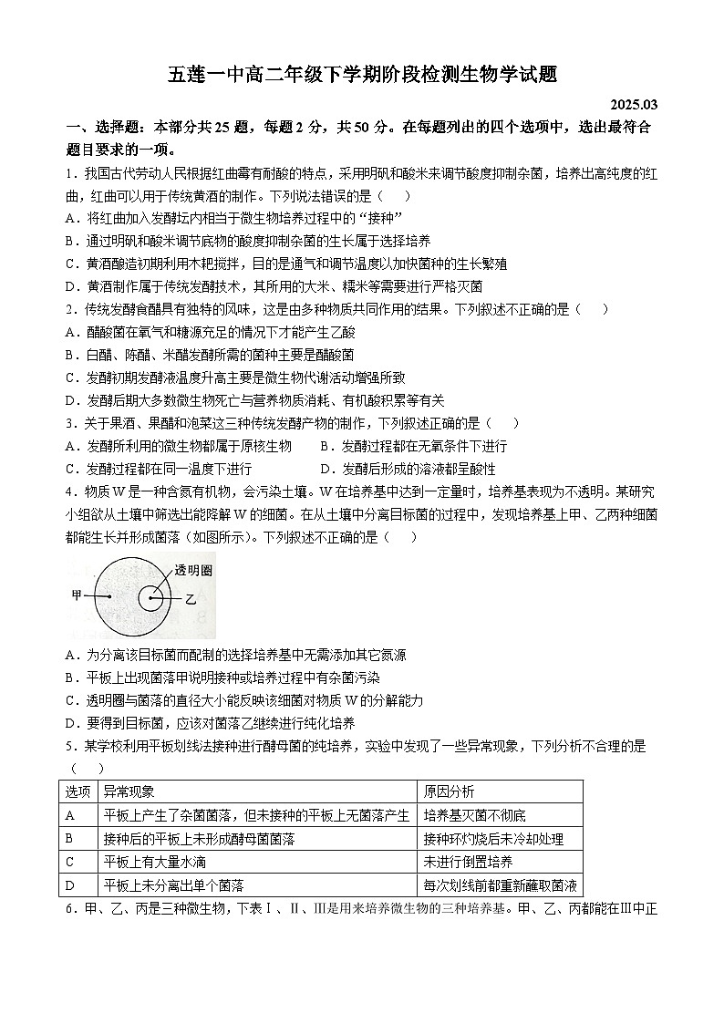 山东省日照市五莲县第一中学2024-2025学年高二下学期3月月考生物试卷（Word版附答案）第1页