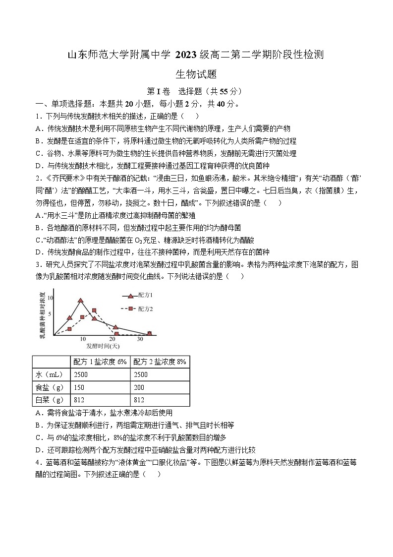 山东师范大学附属中学2024-2025学年高二下学期3月阶段检测生物试卷（Word版附答案）第1页