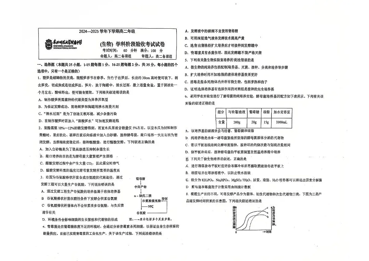 吉林省长春市东北师范大学附属中学2024-2025学年高二下学期3月月考生物试题第1页