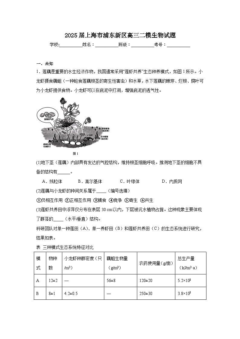 2025届上海市浦东新区高三二模生物试题（无答案）第1页