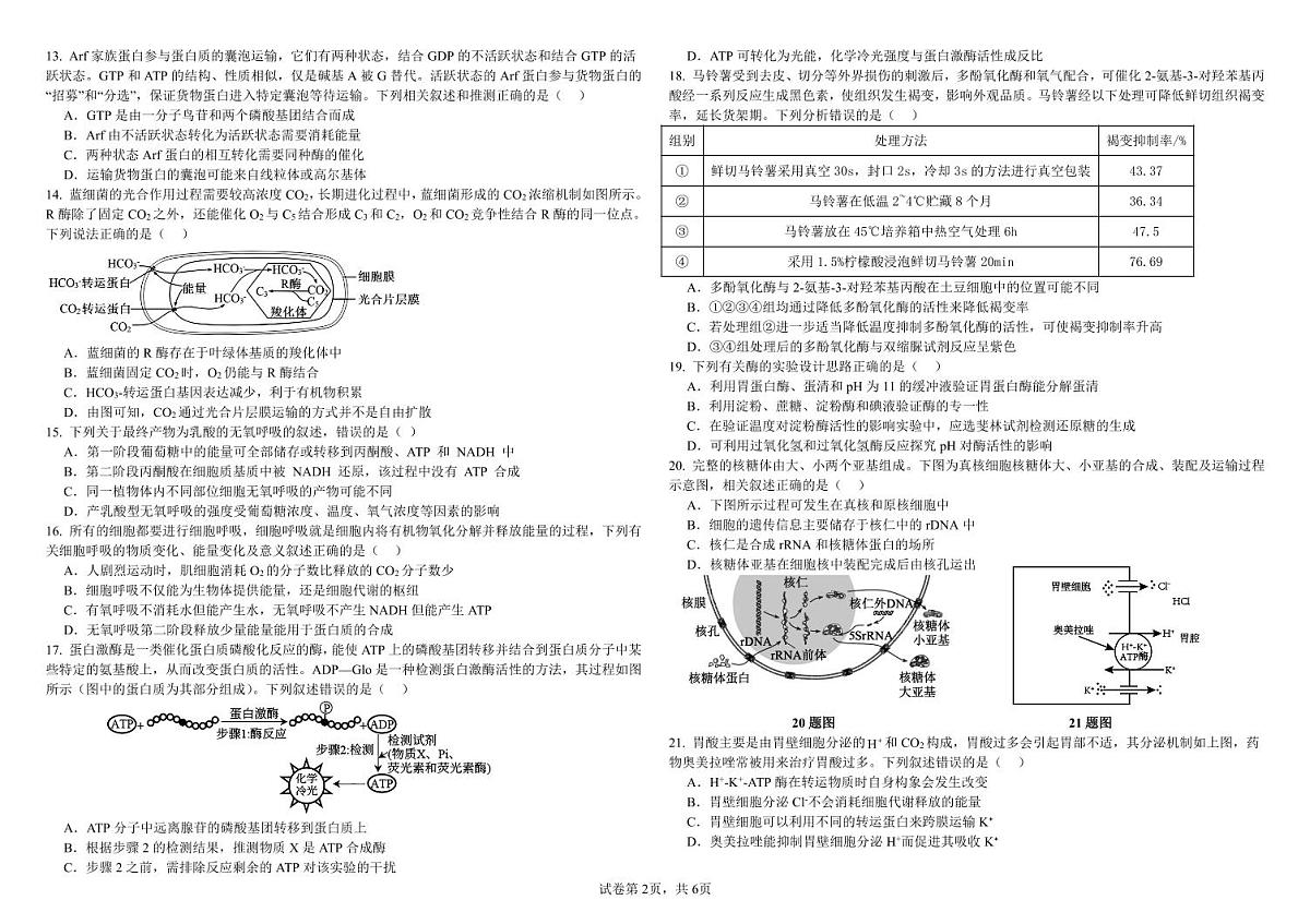 黑龙江省哈尔滨师范大学附属中学2024-2025学年高一上学期1月期末生物试题 扫描版无答案第2页
