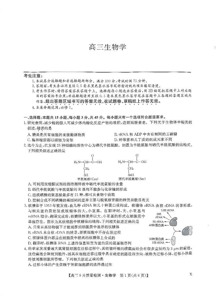2024届河南省九师联盟高三上(9月质检)-生物试题（含答案）第1页