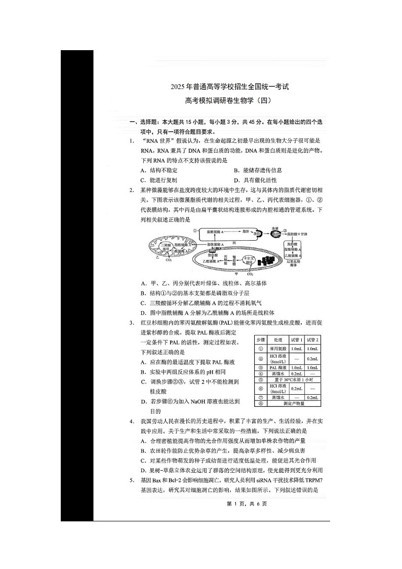 重2024-2025学年下期庆市康德高三高考模拟调研卷（四）生物卷第1页