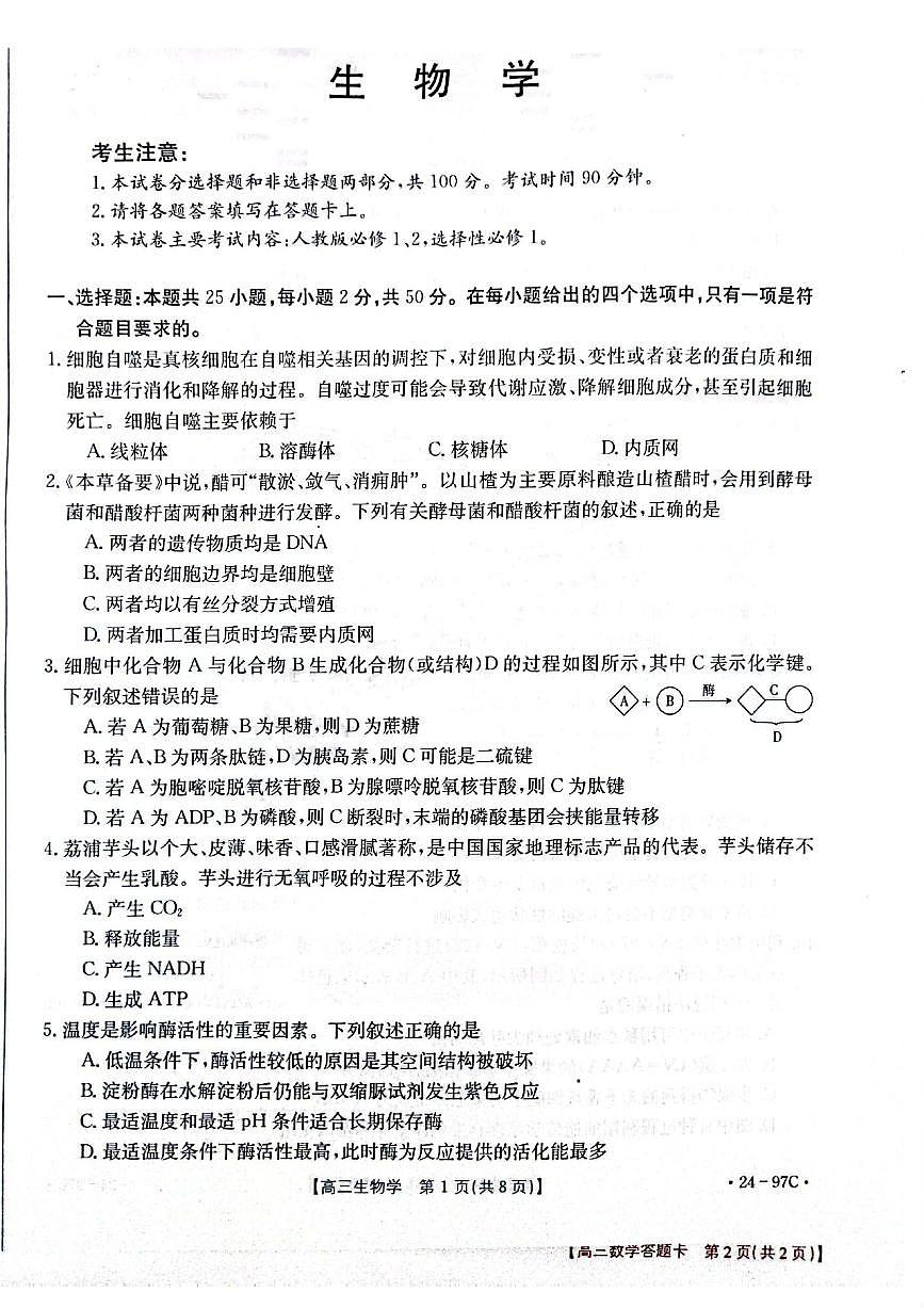2024届河南省高三一轮复习检测（四）(10月)-生物试题（含答案）第1页