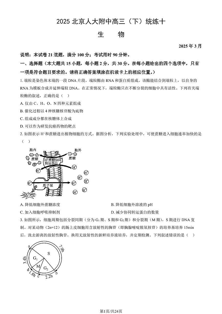 2025北京人大附中高三（下）统练十生物试题及答案第1页