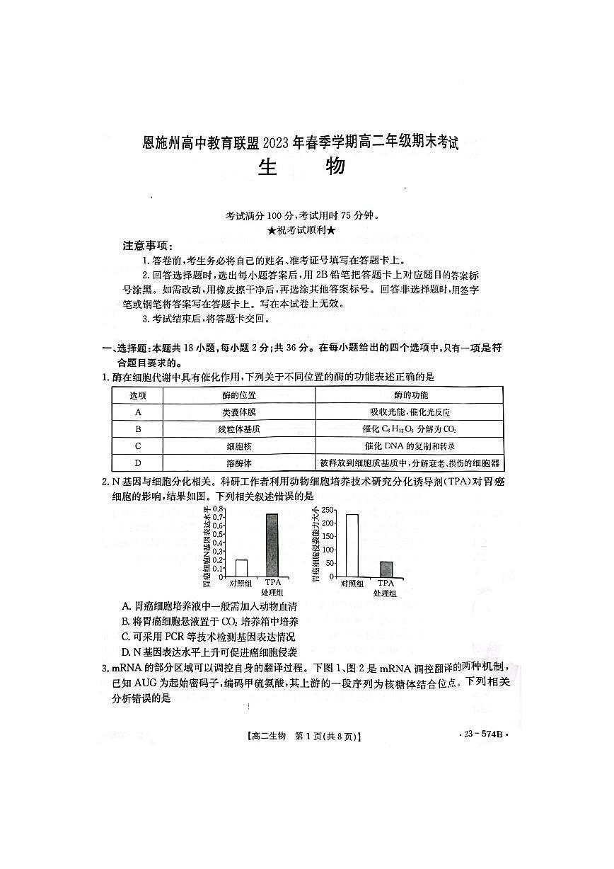 2024届湖北恩施州教育联盟高二下学期（期末考）生物试题（含答案）第1页