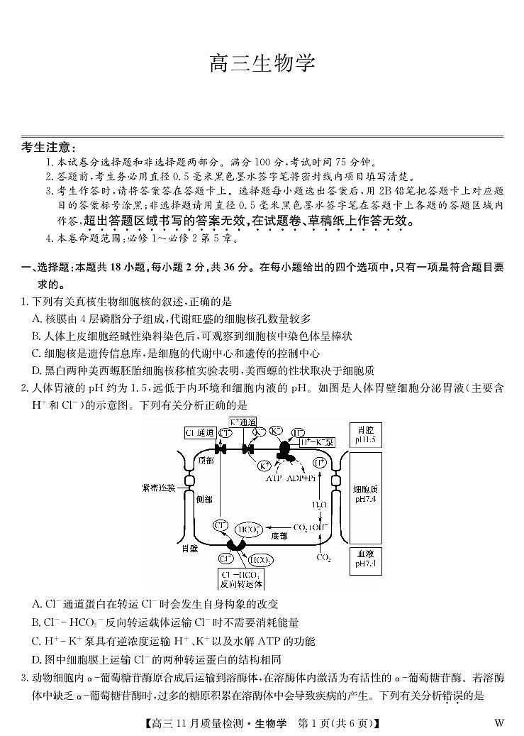2024届湖北省九师联盟高三上学期11月教学质量检测-生物试题（含答案）第1页