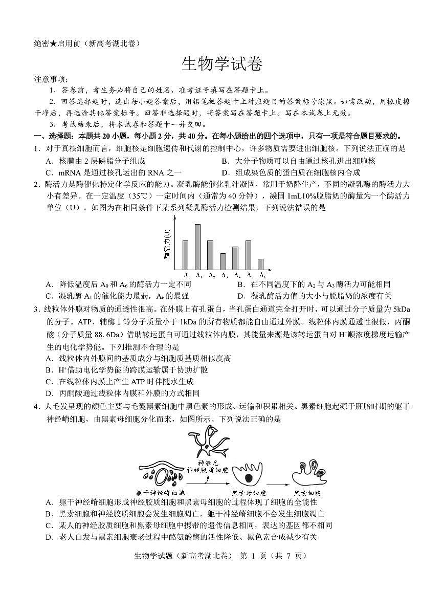 2024届湖北省名校联考高三上学期11月期中考试（11月）-生物试题（含答案）第1页