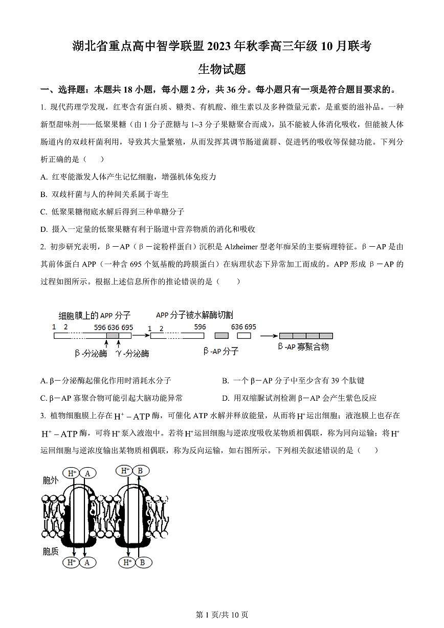 2024届湖北省重点高中智学联盟高三上学期10月联考-生物试题（含答案）第1页