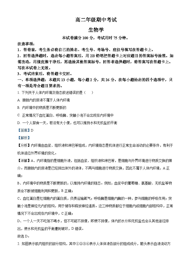 河北省保定市定州市2024-2025学年高二上学期11月期中生物试题 含解析第1页