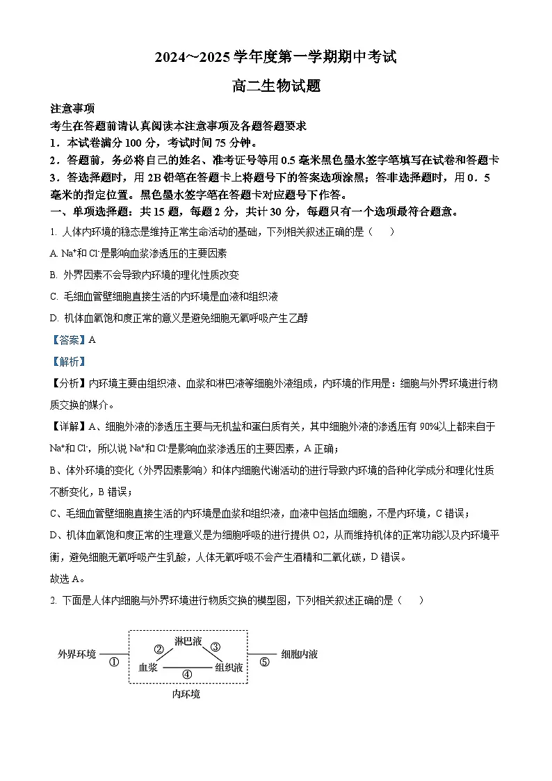 江苏省徐州市2024-2025学年高二上学期期中考试生物试题 含解析第1页